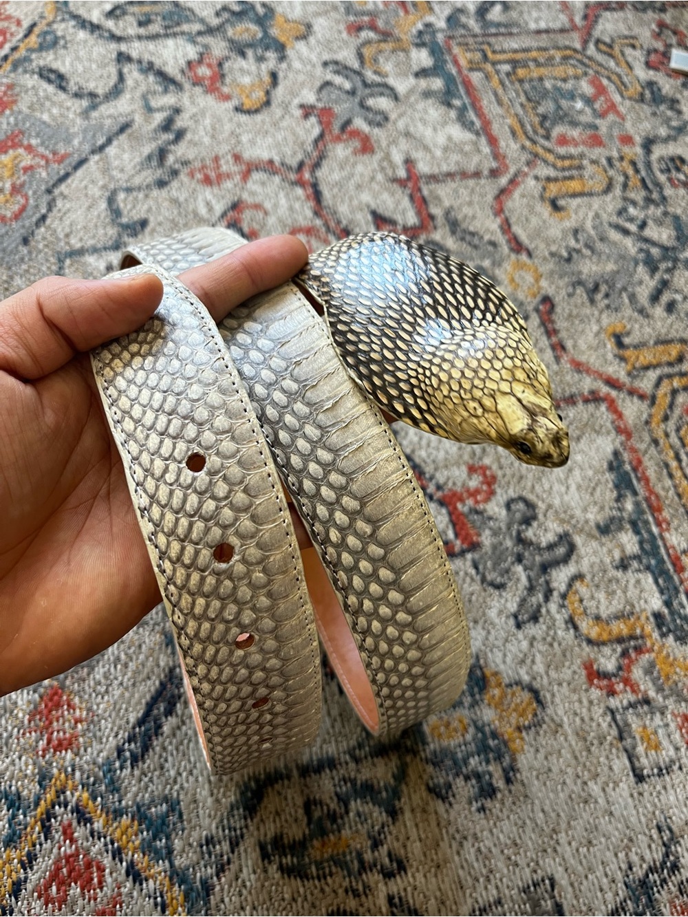 Genuine Snake-Scale Pattern Leather Belt - Silver-Tone Genuine Cobra